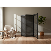 3 Panel Adjustable Wooden Shutter Screen Black – Room Divider, Decorative Folding Panels