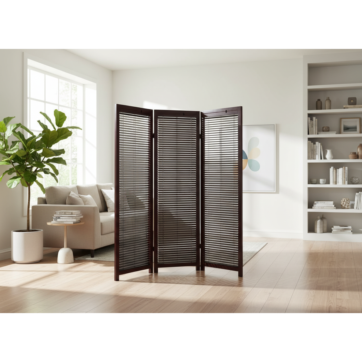 3 Panel Adjustable Wooden Shutter Screen Mahogany – Decorative Room Divider, Adjustable Panels