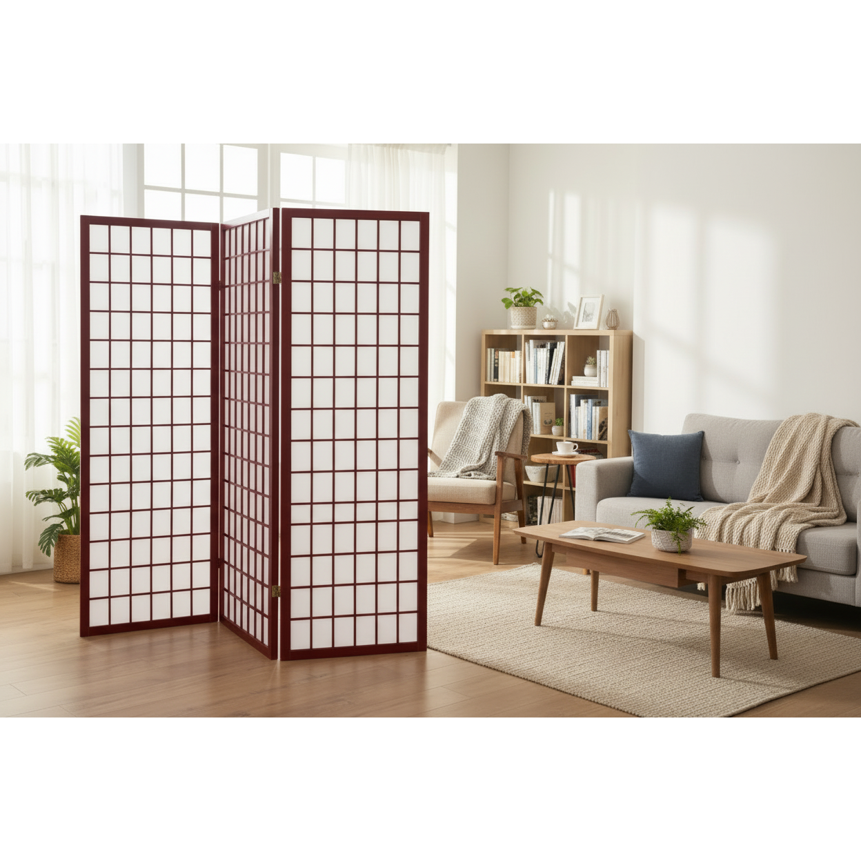 3 Panel Wood Framed Paper Screen Mahogany – Decorative Room Divider, Japanese Style Shoji