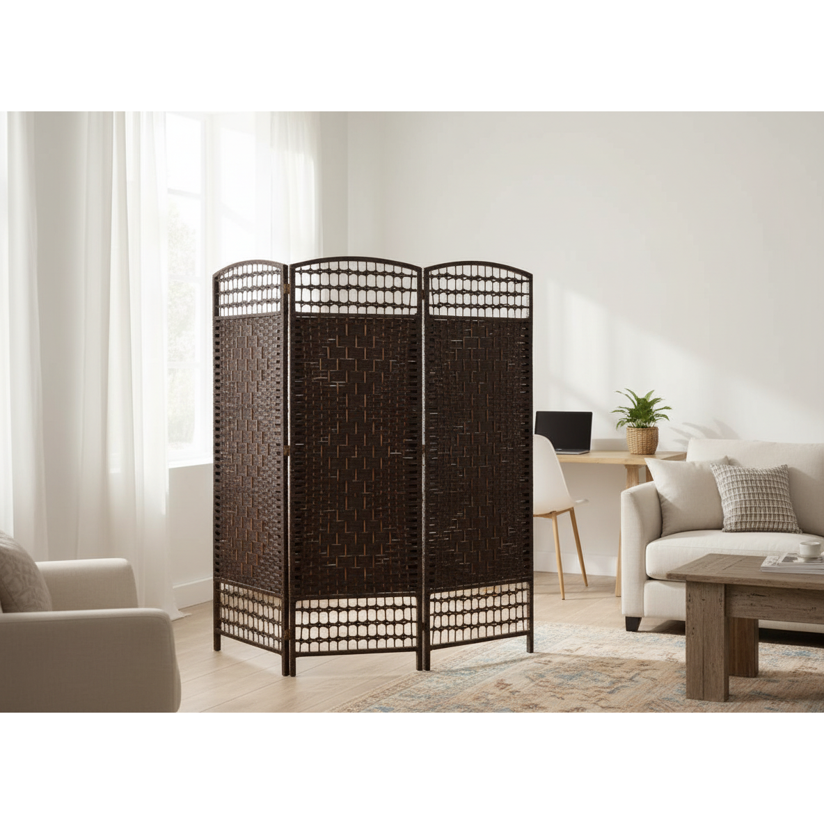 3 Panel Woven Bamboo Privacy Screen – Basketweave Design, Foldable Room Divider