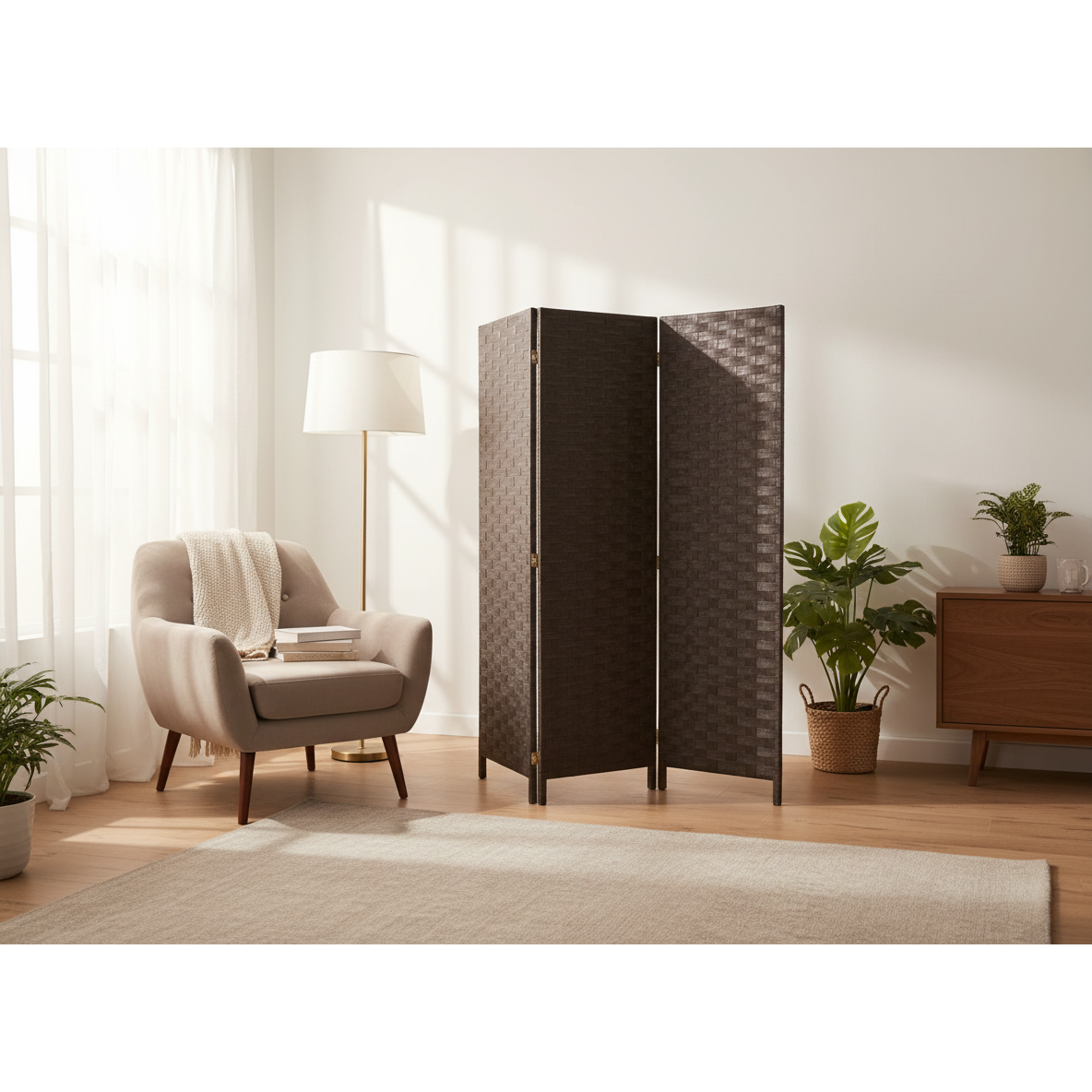 3-Panel Woven Bamboo Room Divider – Chocolate Finish, Privacy Screen