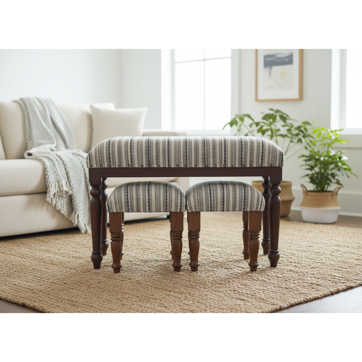 3-Piece Wooden Bench & Stools Set – Grayson, Rustic Home & Entryway Furniture