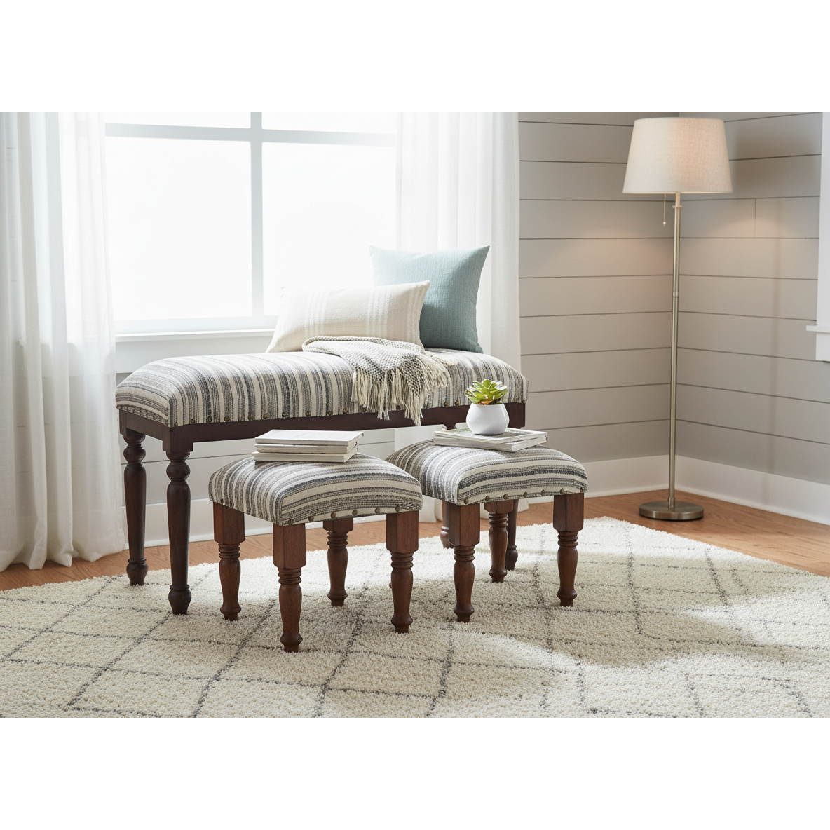 3-Piece Wooden Bench & Stools Set – Grayson, Rustic Home & Entryway Furniture