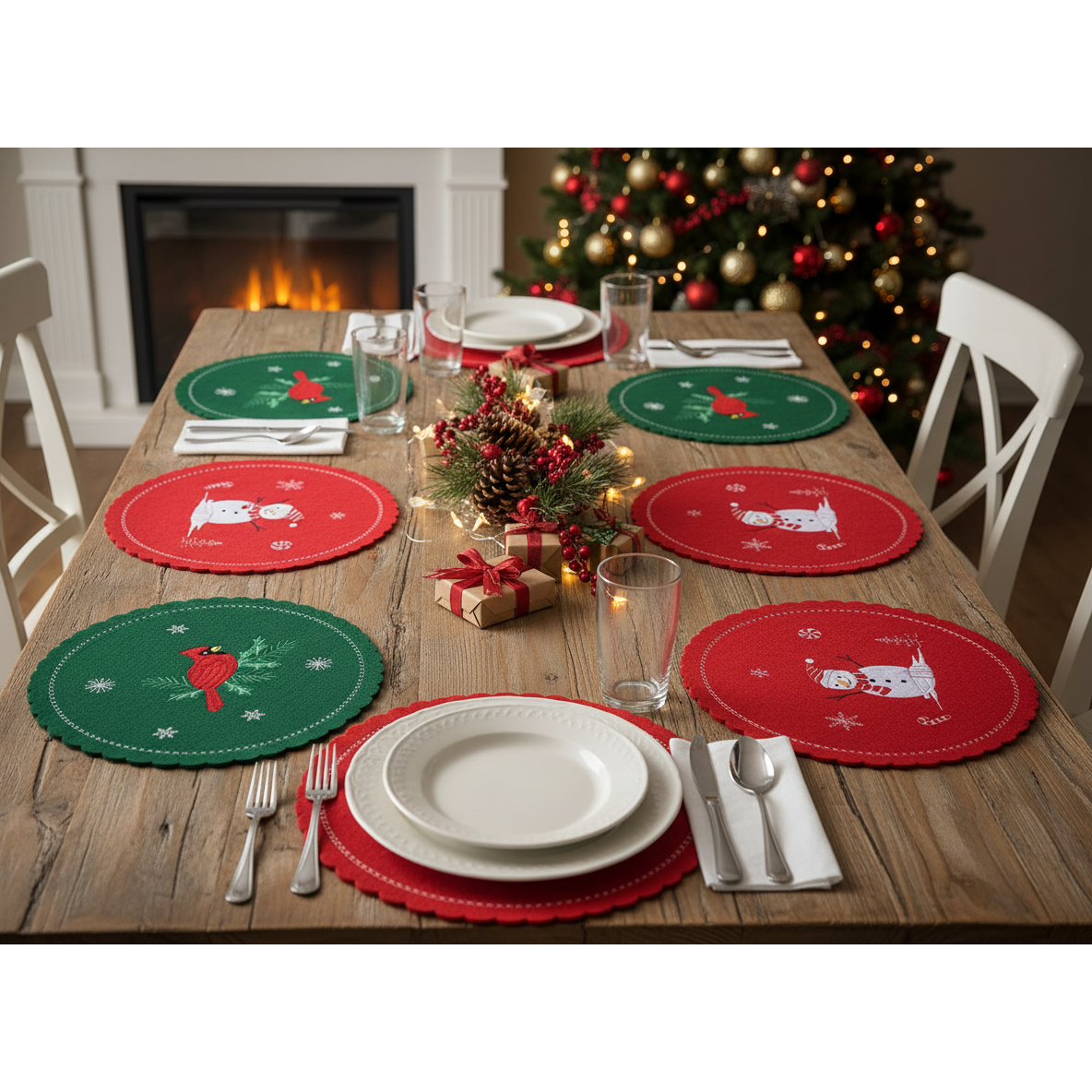 Felt Placemat Set of 4 13.8" Large Assorted – Christmas Table Decor, Holiday Dining Accent, Festive Winter Decoration