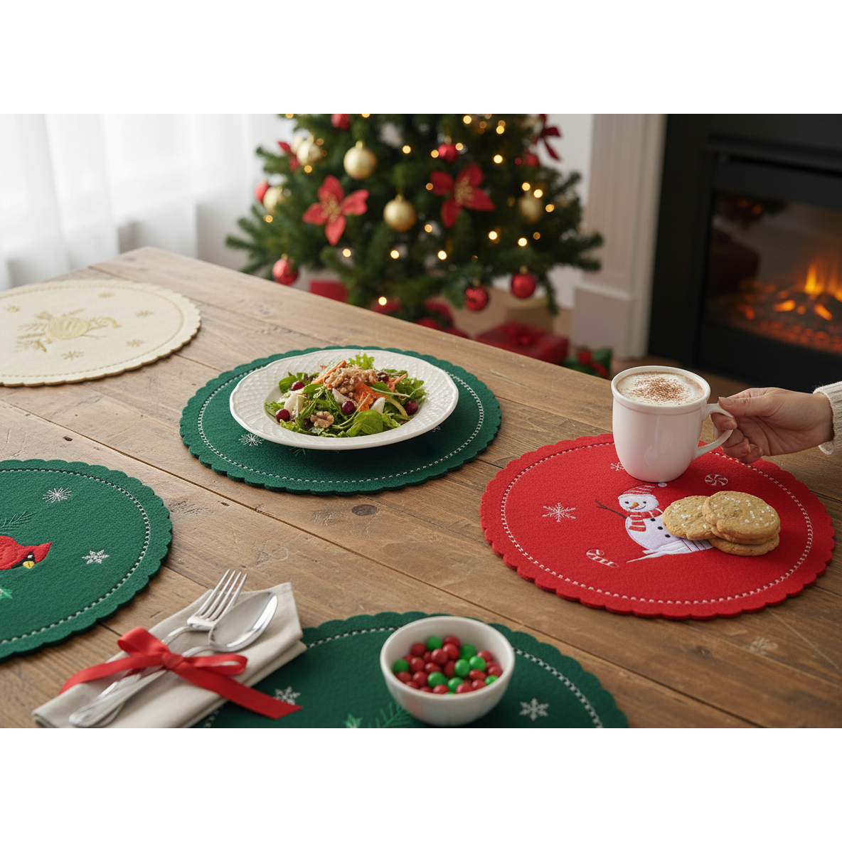 Felt Placemat Set of 4 13.8" Large Assorted – Christmas Table Decor, Holiday Dining Accent, Festive Winter Decoration
