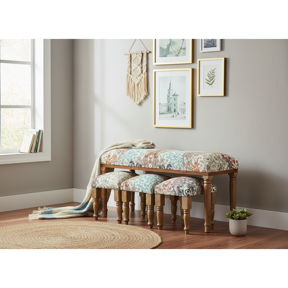 4-Piece Wooden Bench & Stools Set – Crescent Twirl, Rustic Dining & Seating