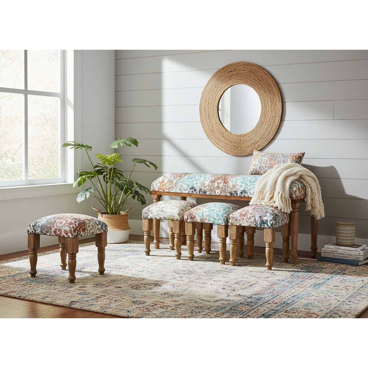 4-Piece Wooden Bench & Stools Set – Crescent Twirl, Rustic Dining & Seating