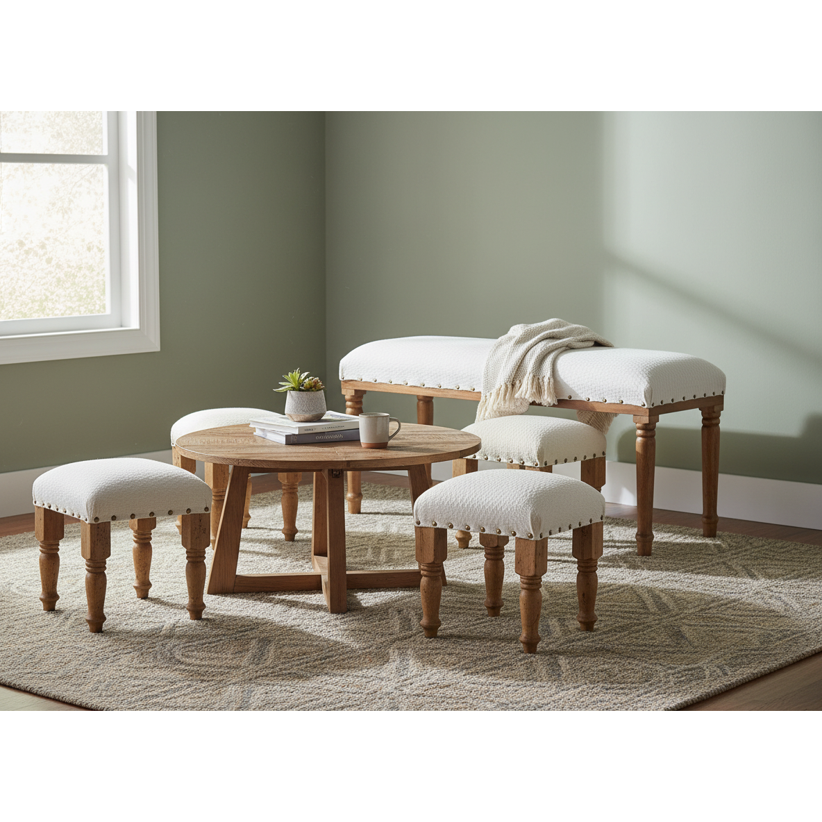 4-Piece Wood Bench and Stools Set – Diamond Pattern, Rustic Dining & Kitchen Seating