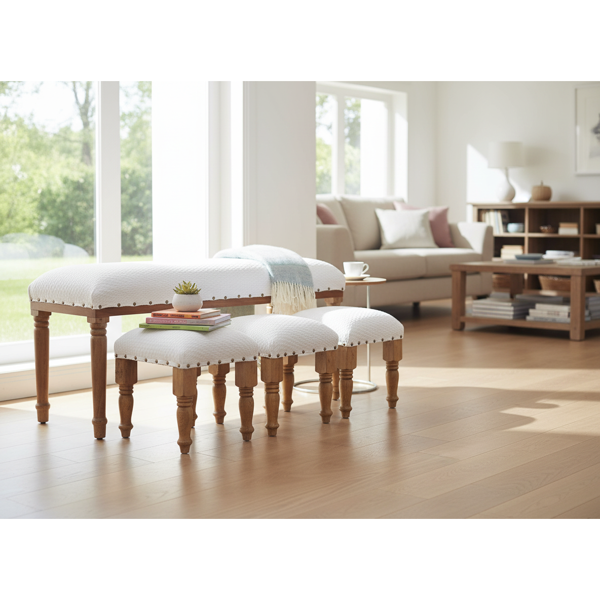 4-Piece Wood Bench and Stools Set – Diamond Pattern, Rustic Dining & Kitchen Seating