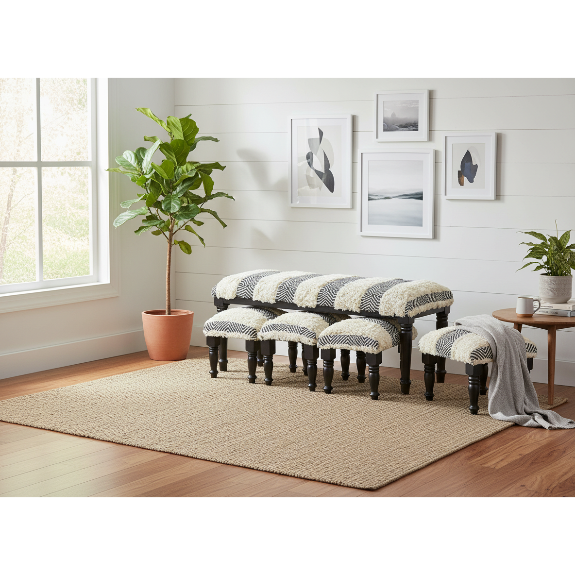 4-Piece Wooden Bench & Stools Set – Tousled Geo, Multi-Functional Seating