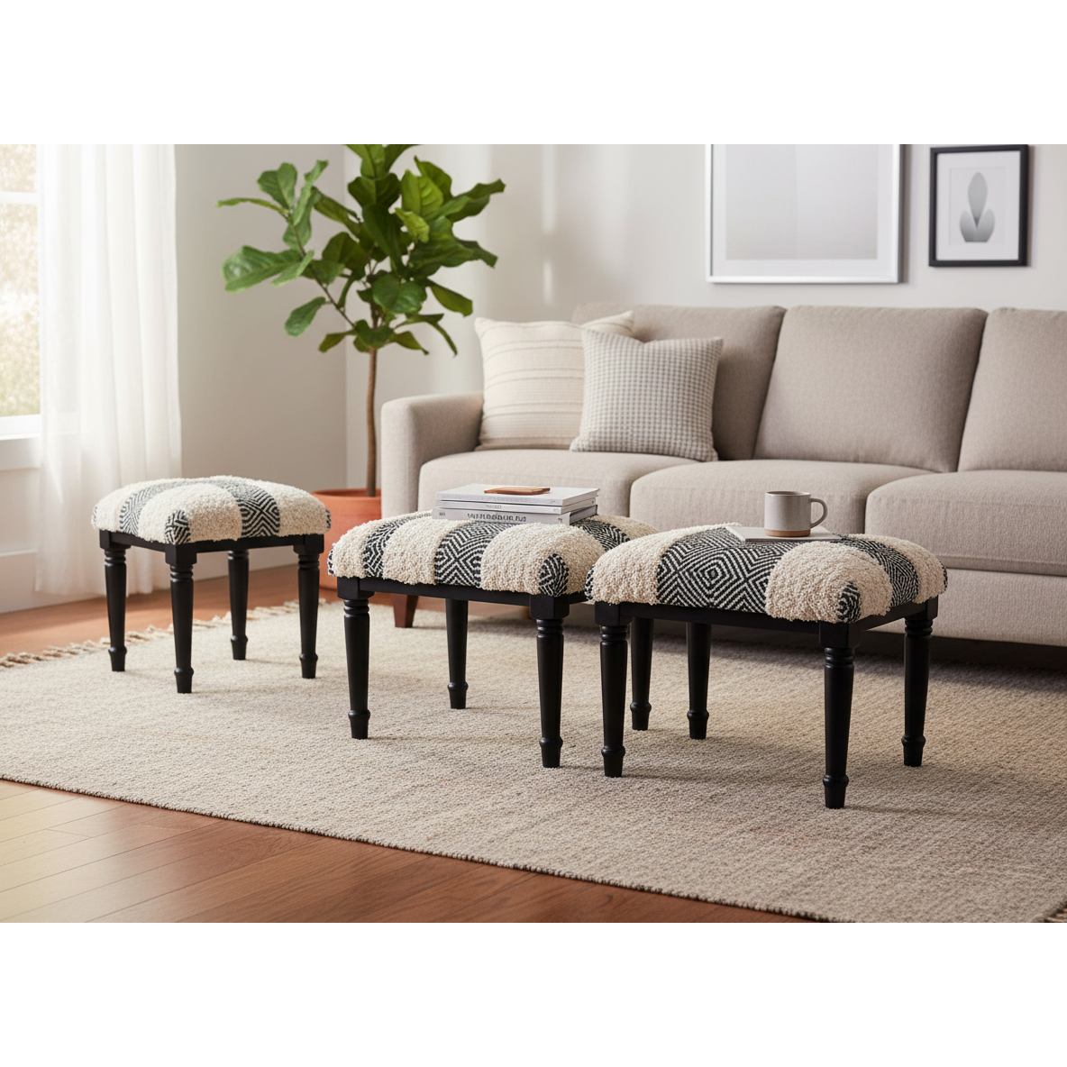 4-Piece Wooden Bench & Stools Set – Tousled Geo, Multi-Functional Seating