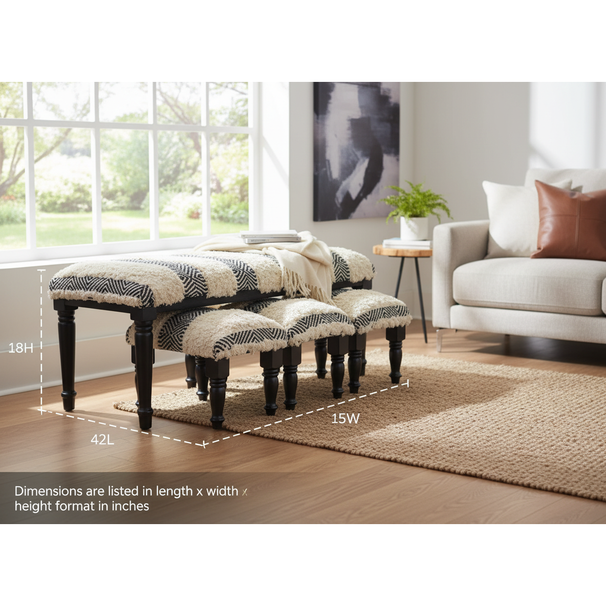 4-Piece Wooden Bench & Stools Set – Tousled Geo, Multi-Functional Seating