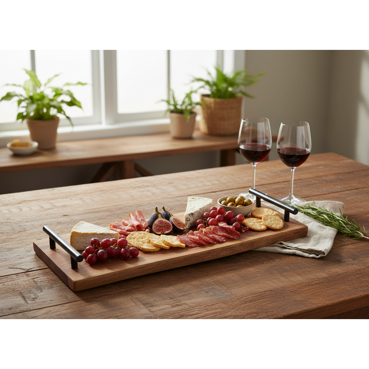 Acacia Wood Live Edge Serving Board With Iron Handles Rustic Kitchen Serving Platter