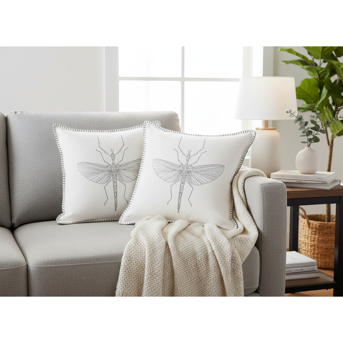 Blanket Stitch Embroidered Cushion Mantis Set Of 2, 18 X 18 Inch, Decorative Throw Pillow