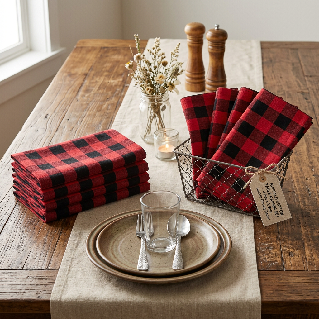 Buffalo Cotton Table Napkin Set – 4 Pcs x 2 Sets, Rustic Dining Decor