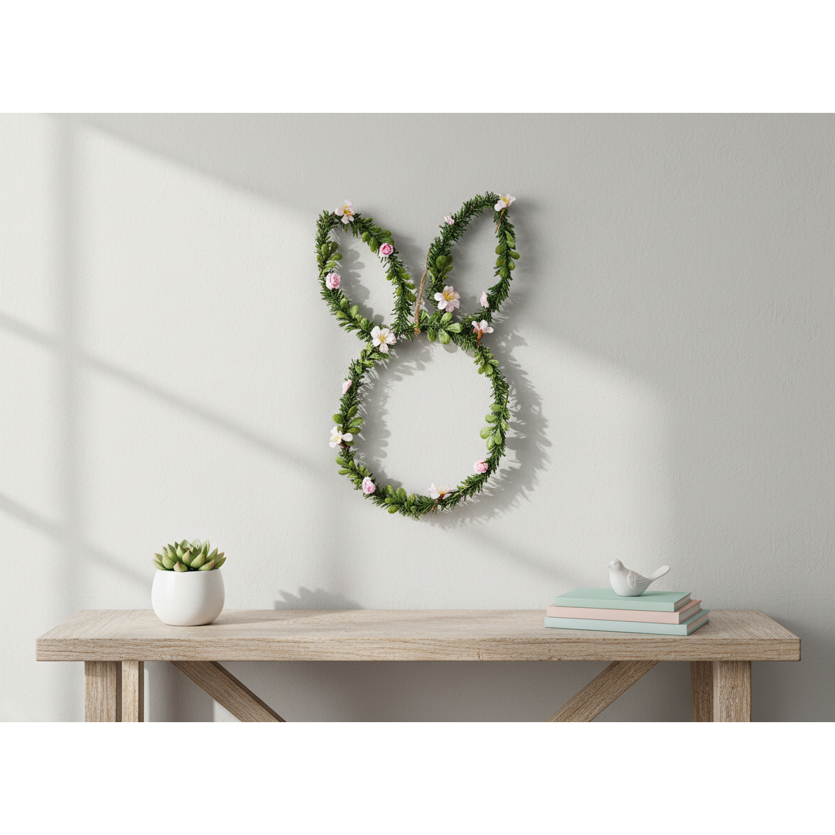 Bunny Head Leaves And Floral Wall Hanging, Spring Wall Decor, Farmhouse Home Accent