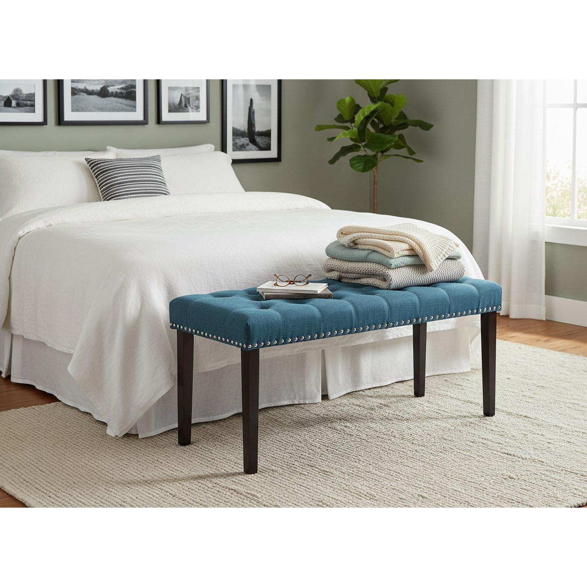 Cabara Tufted Accent Bench – Blue, Modern Fabric Entryway Bench