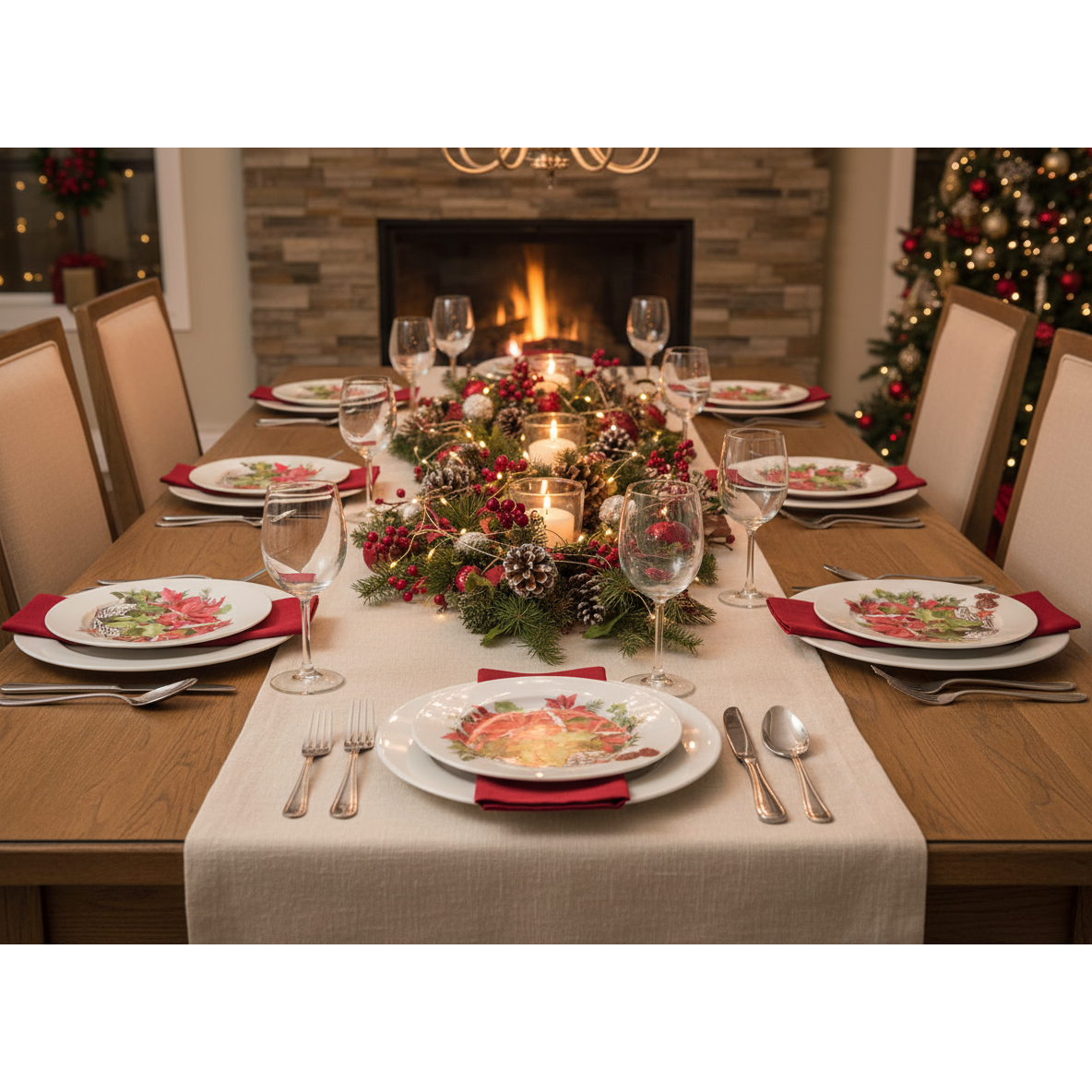 Printed Metal Charger Plate Set of 12 Poinsettia 13" – Christmas Tableware, Holiday Dinner Plates