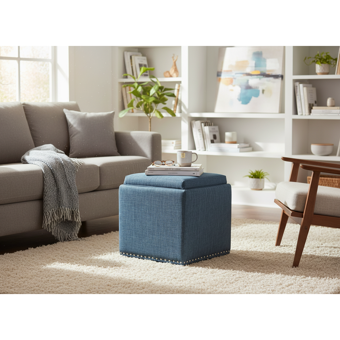 Chase Fabric Storage Ottoman with Flip Tray Lid – Blue, Multi-Functional Coffee Table