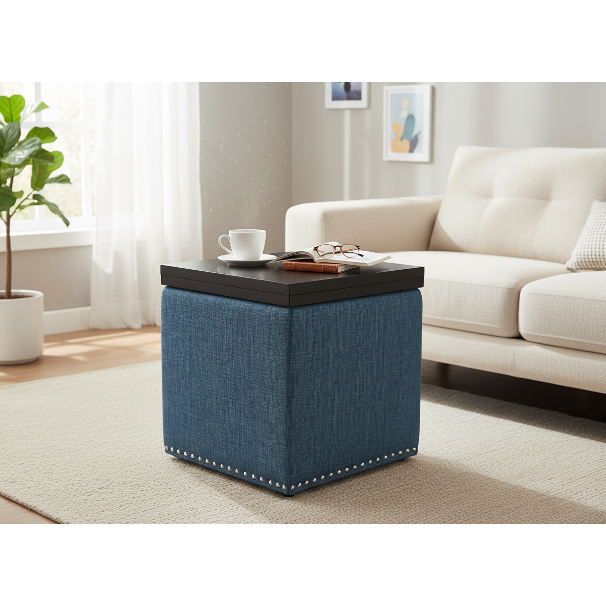 Chase Fabric Storage Ottoman with Flip Tray Lid – Blue, Multi-Functional Coffee Table