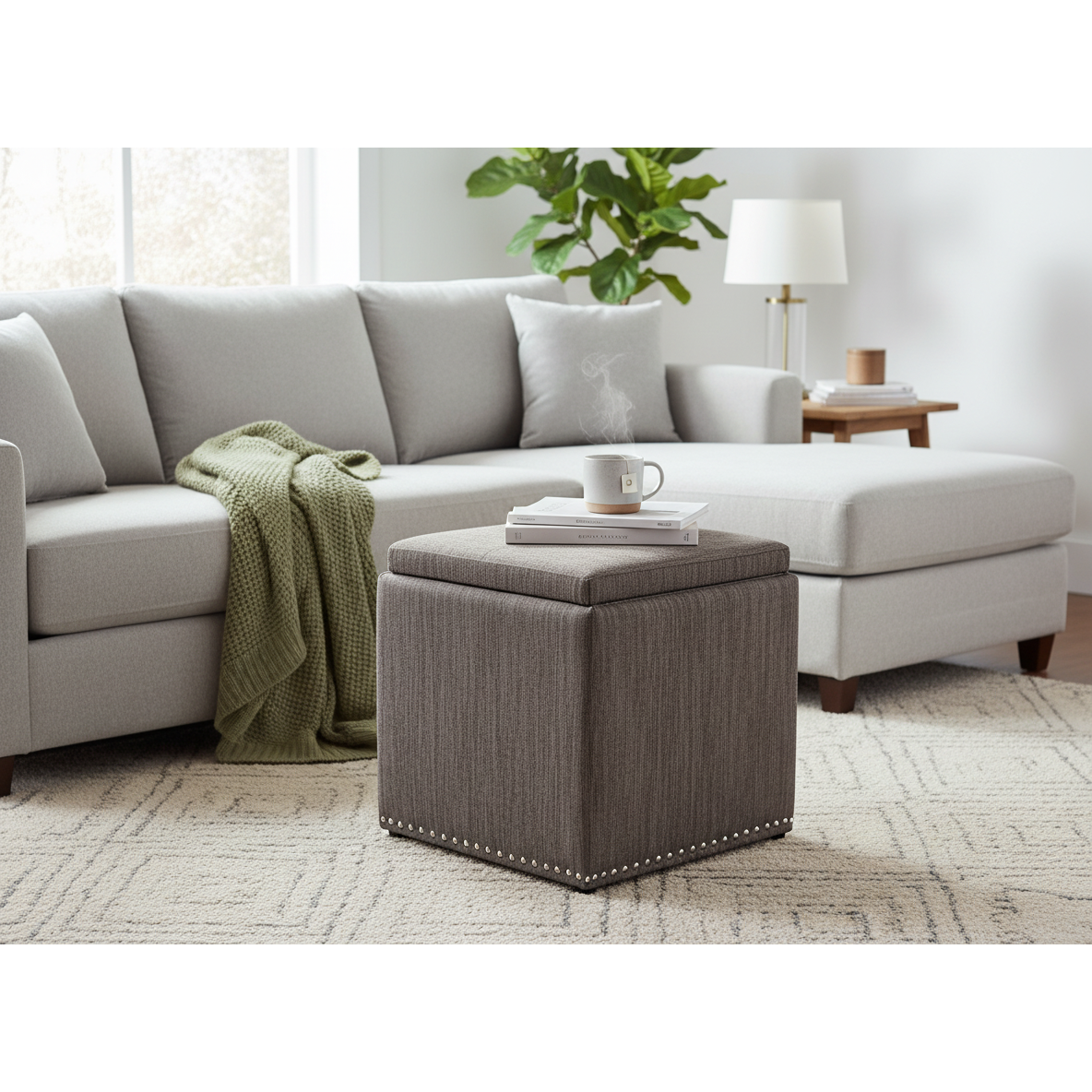 Chase Fabric Ottoman with Flip Tray Lid – Charcoal Gray, Storage & Coffee Table