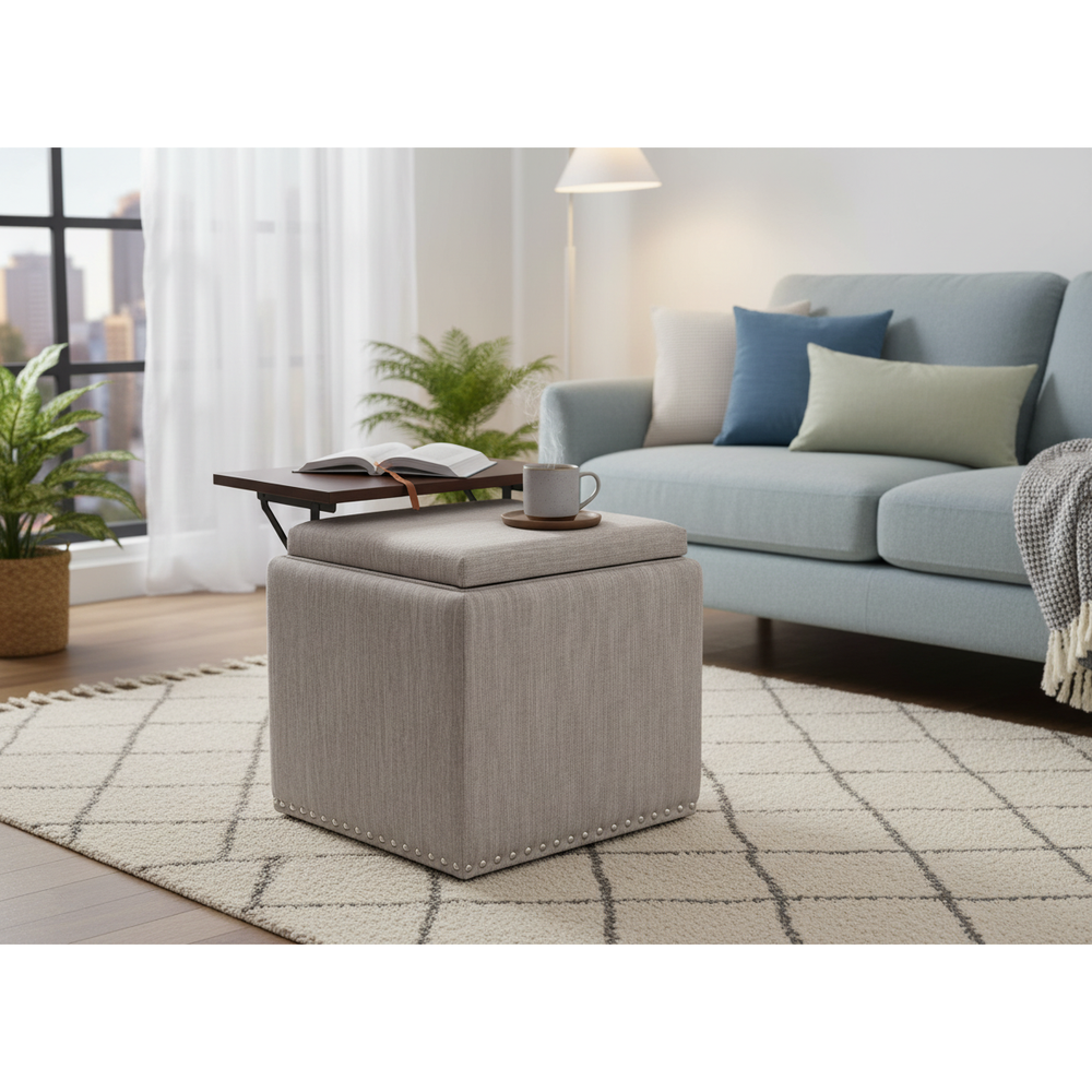 Chase Fabric Storage Ottoman with Flip Tray Lid – Light Gray, Multi-Purpose Coffee Table & Seating