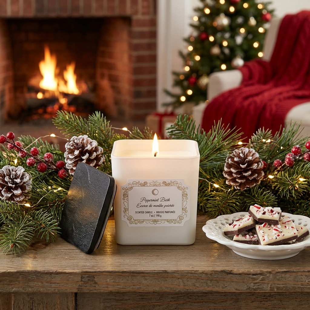 Christmas Square Candle Peppermint Bark 7 Oz, Holiday Candle, Festive Home Decor