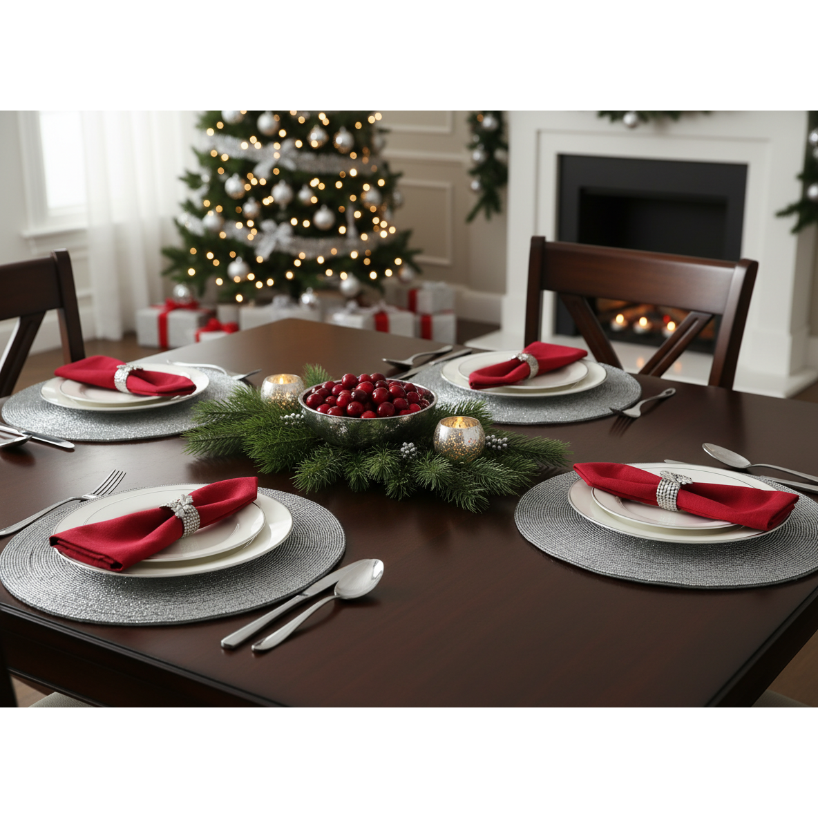 Christmas Beaded Round Placemat Silver Set Of 4, Holiday Table Decor, Festive Dining Accent