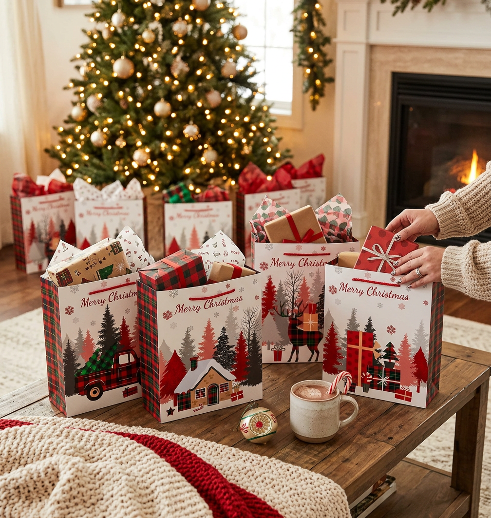 Christmas Gift Bags Set of 12 Buffalo Plaid X-Large – Holiday Gift Bag, Christmas Packaging, Festive Party Bags