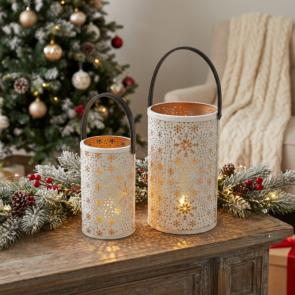 Christmas Metal Cutout Lantern Set Of 2 Snowflake, Holiday Candle Holder, Festive Home Decor