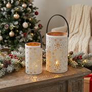 Christmas Metal Cutout Lantern Set Of 2 Snowflake, Holiday Candle Holder, Festive Home Decor