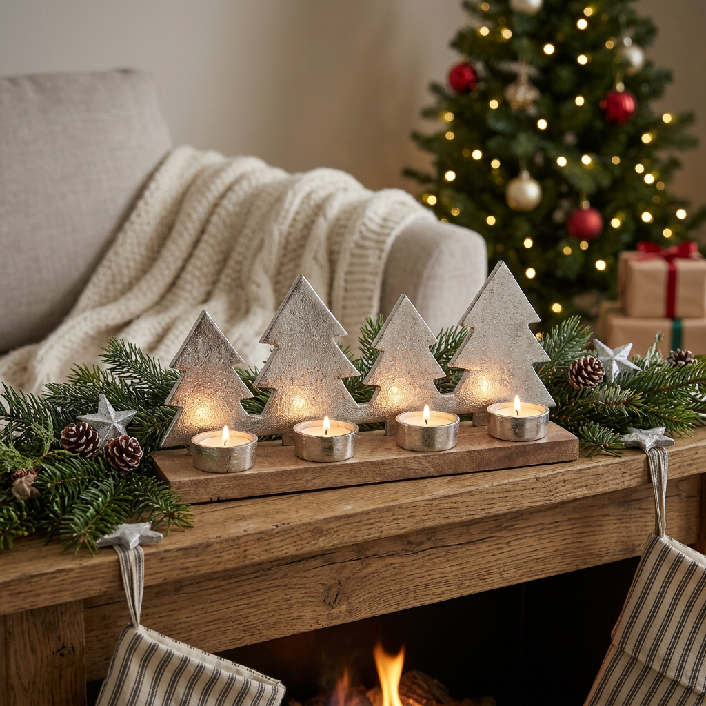 Christmas Metal Star Tree 4 Tealight Holder Silver, Holiday Table Decor, Festive Candle Accent