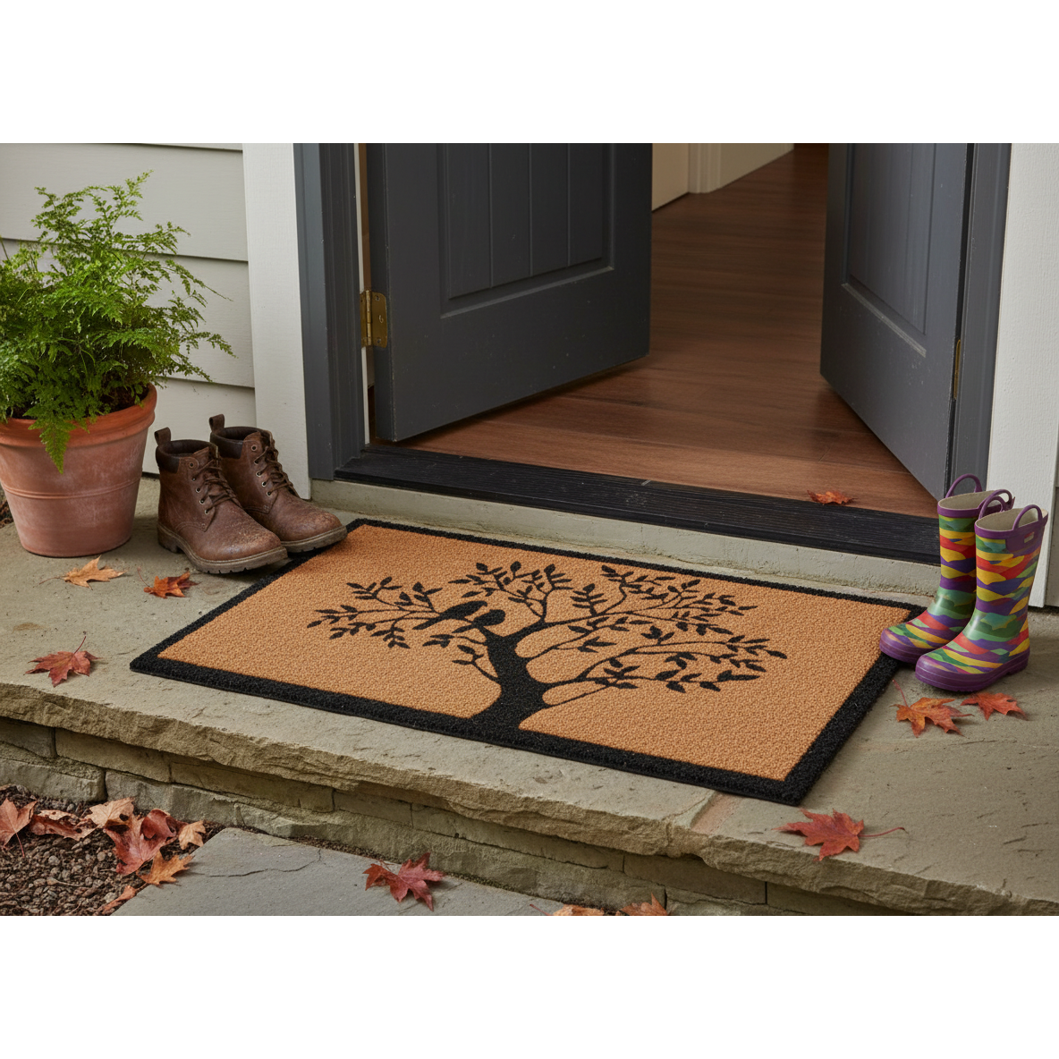 Coir Door Mat – Tree with Birds Design, Indoor/Outdoor Welcome Mat