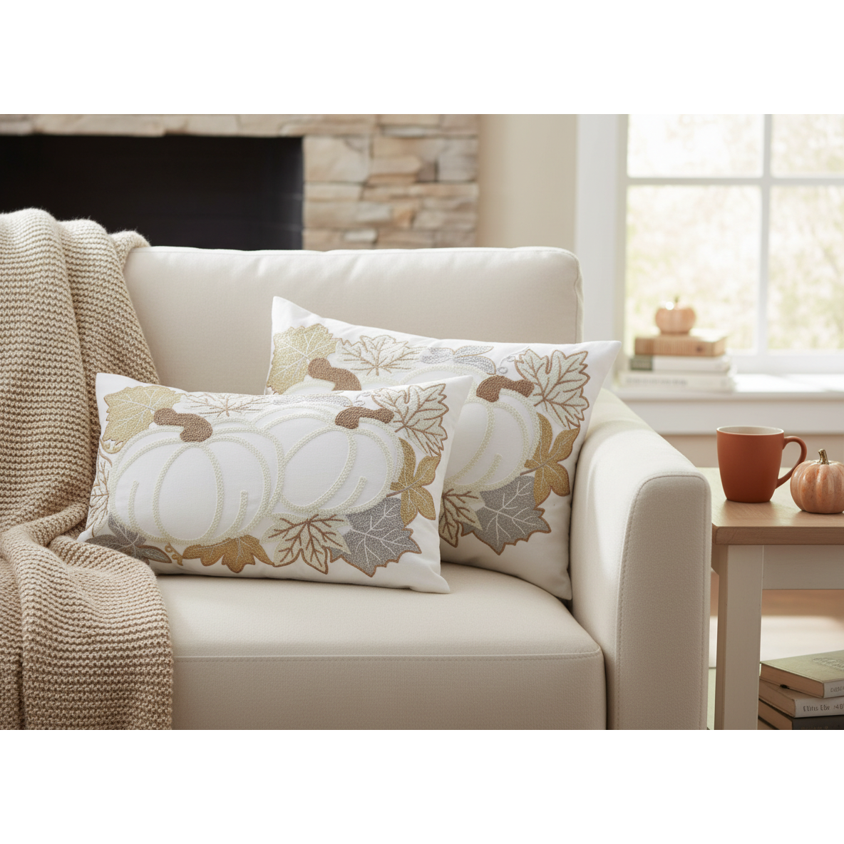 Cotton Embroidered Pumpkin Patch Cushion - Set of 2, Autumn Home Decor, Thanksgiving Pillow, Seasonal Accent