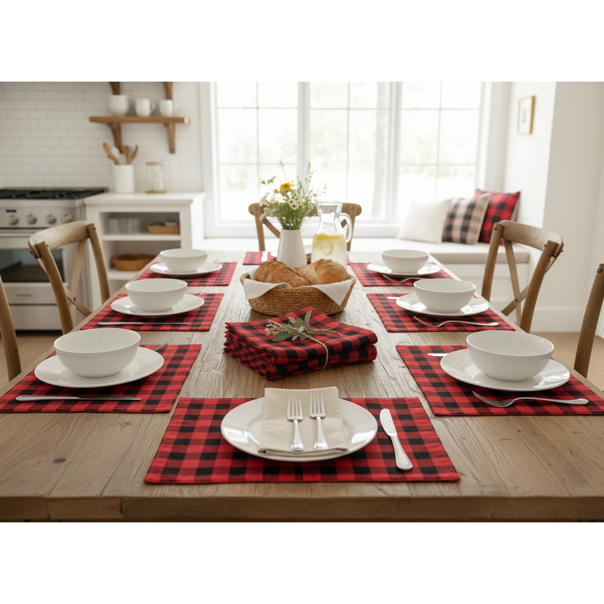 Buffalo Check Cotton Placemat – Farmhouse Style, Soft, Reusable – Set of 12