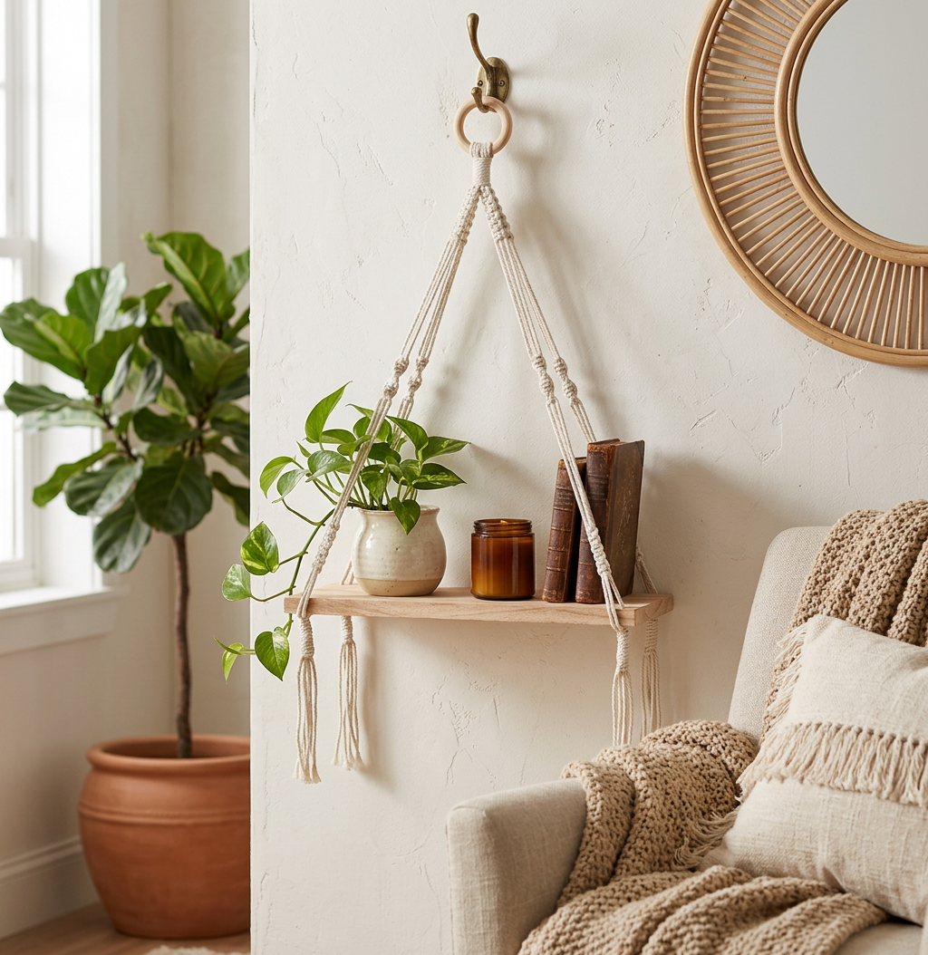 Cotton Rope Wall Hanging With Wooden Shelf, Boho Wall Shelf Decor