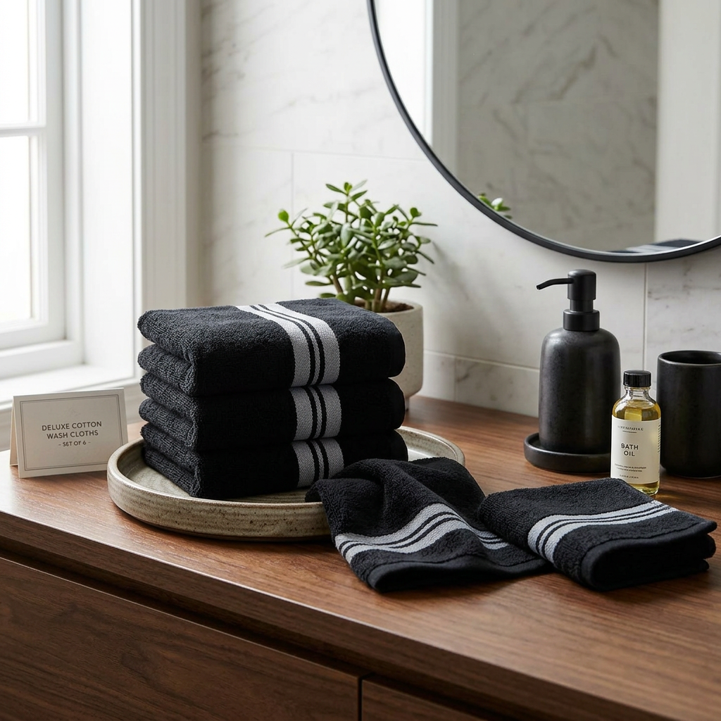 Deluxe Cotton Wash Cloth Black 12x12 Inch – Soft & Absorbent – Set of 6