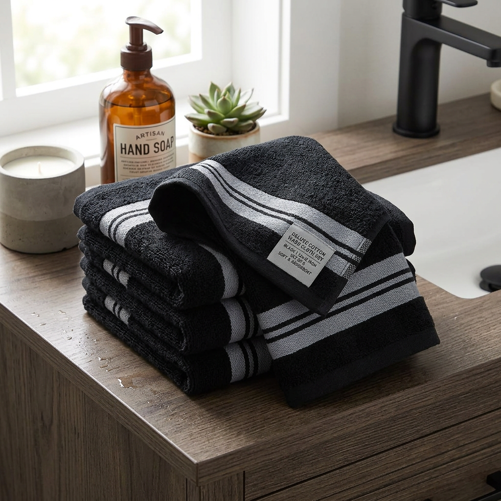 Deluxe Cotton Wash Cloth Black 12x12 Inch – Soft & Absorbent – Set of 6