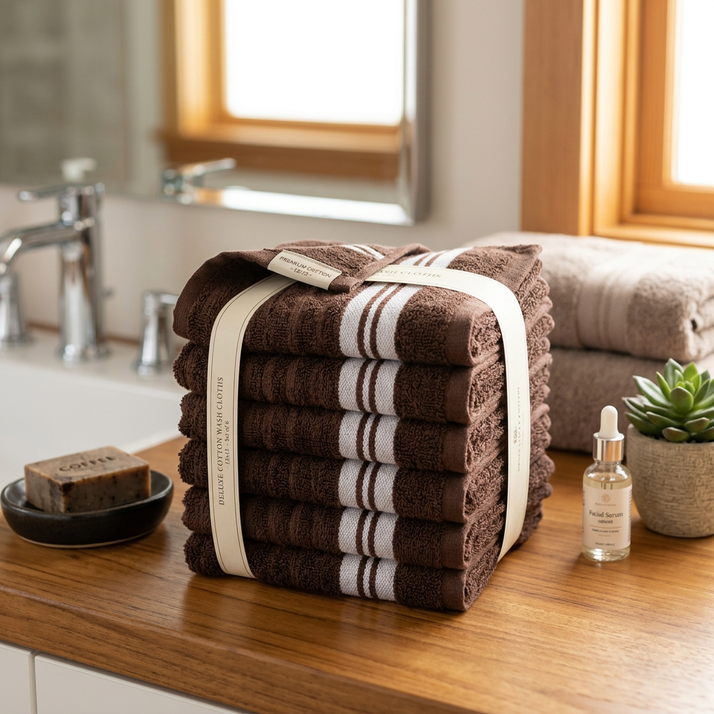 Deluxe Cotton Wash Cloth – 12x12, Chocolate Color, Set of 6, Bathroom Essentials