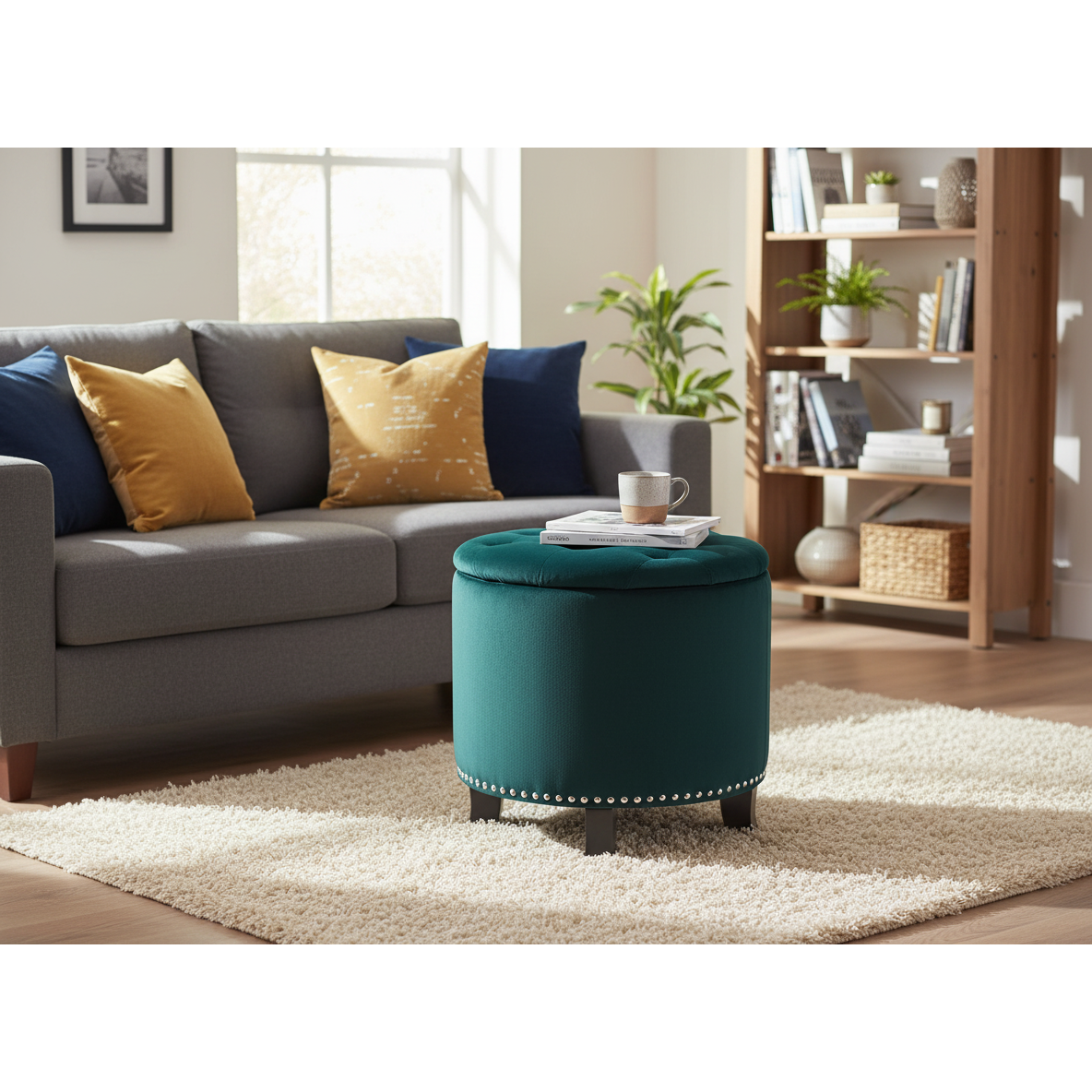 Denver Round Fabric Storage Ottoman – Green, Multi-Purpose Seating & Storage