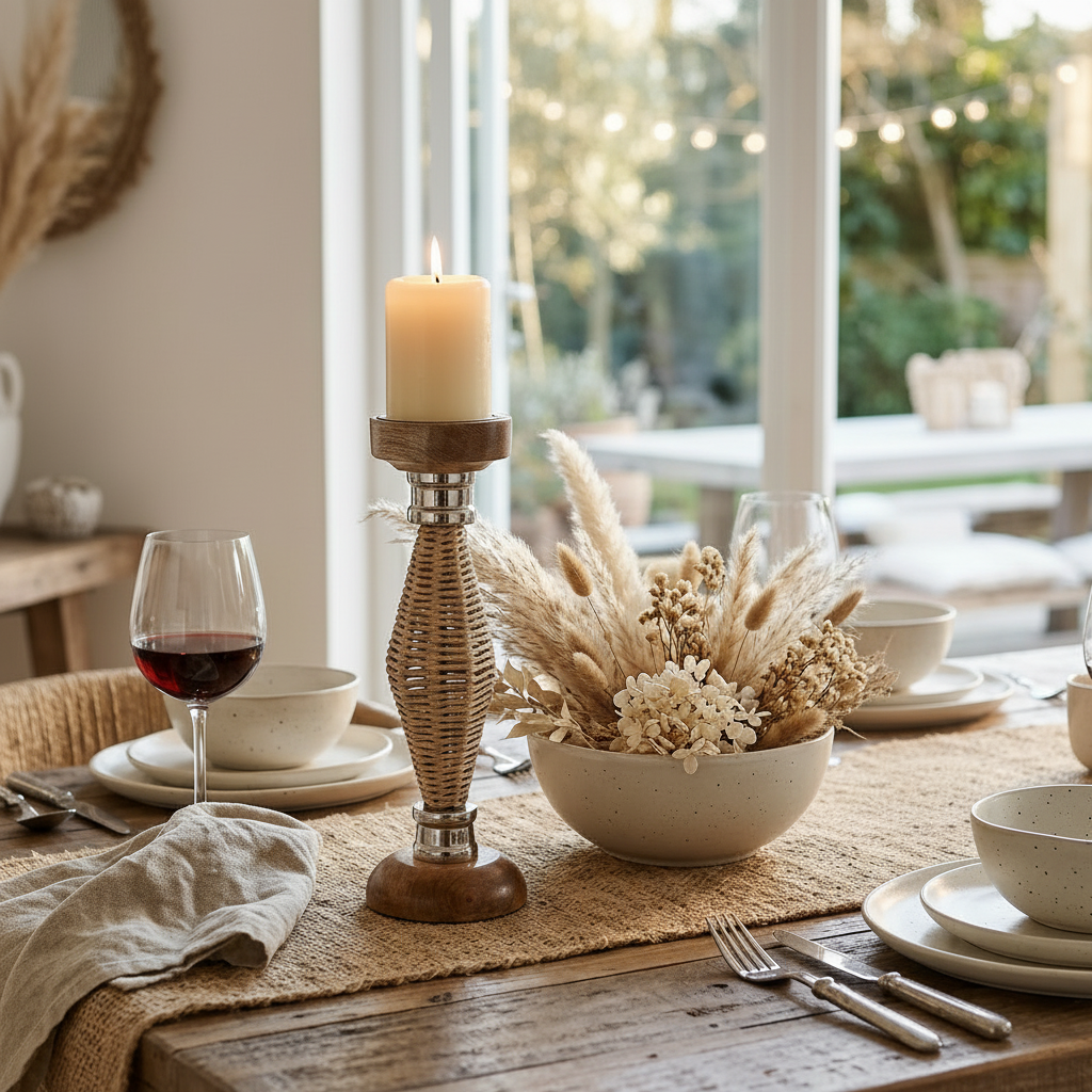 Diamond Raffia Metal Candlestick, Rustic Table Centerpiece, Decorative Candle Holder