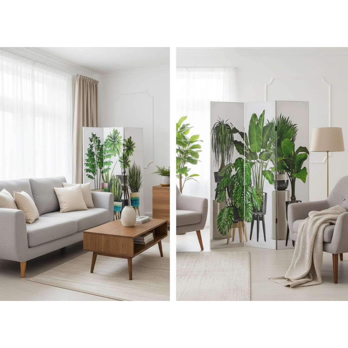 Double-Sided Canvas Room Divider With Potted Plant Prints, Decorative Privacy Screen For Home & Office, Room Partition