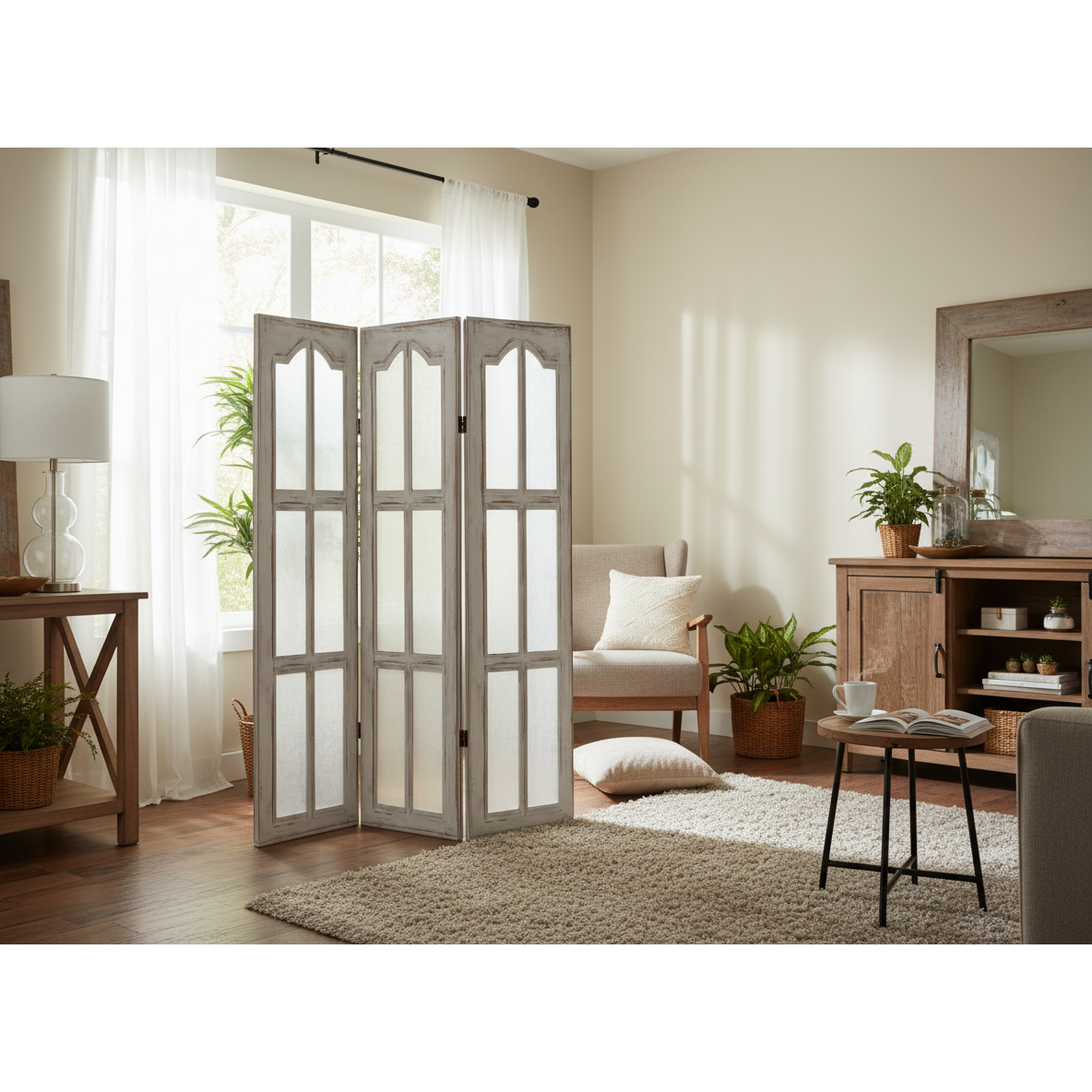 Double Sided Canvas Room Divider Arched Window Pane Decorative Screen