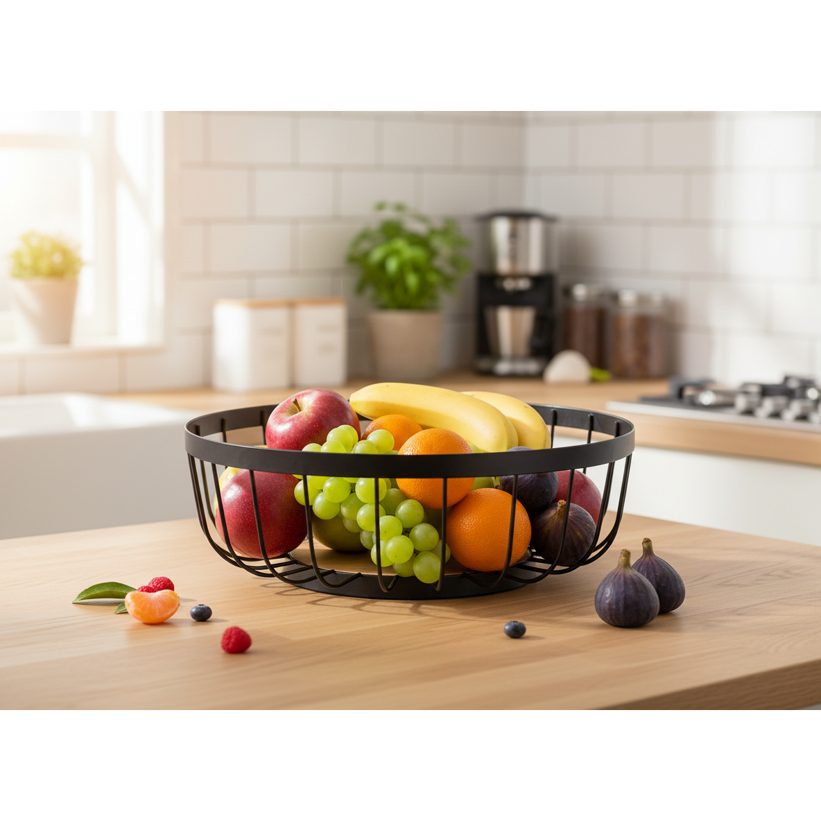 Fruit Basket with Rubber Wood Bottom – Kitchen Storage, Table Centerpiece