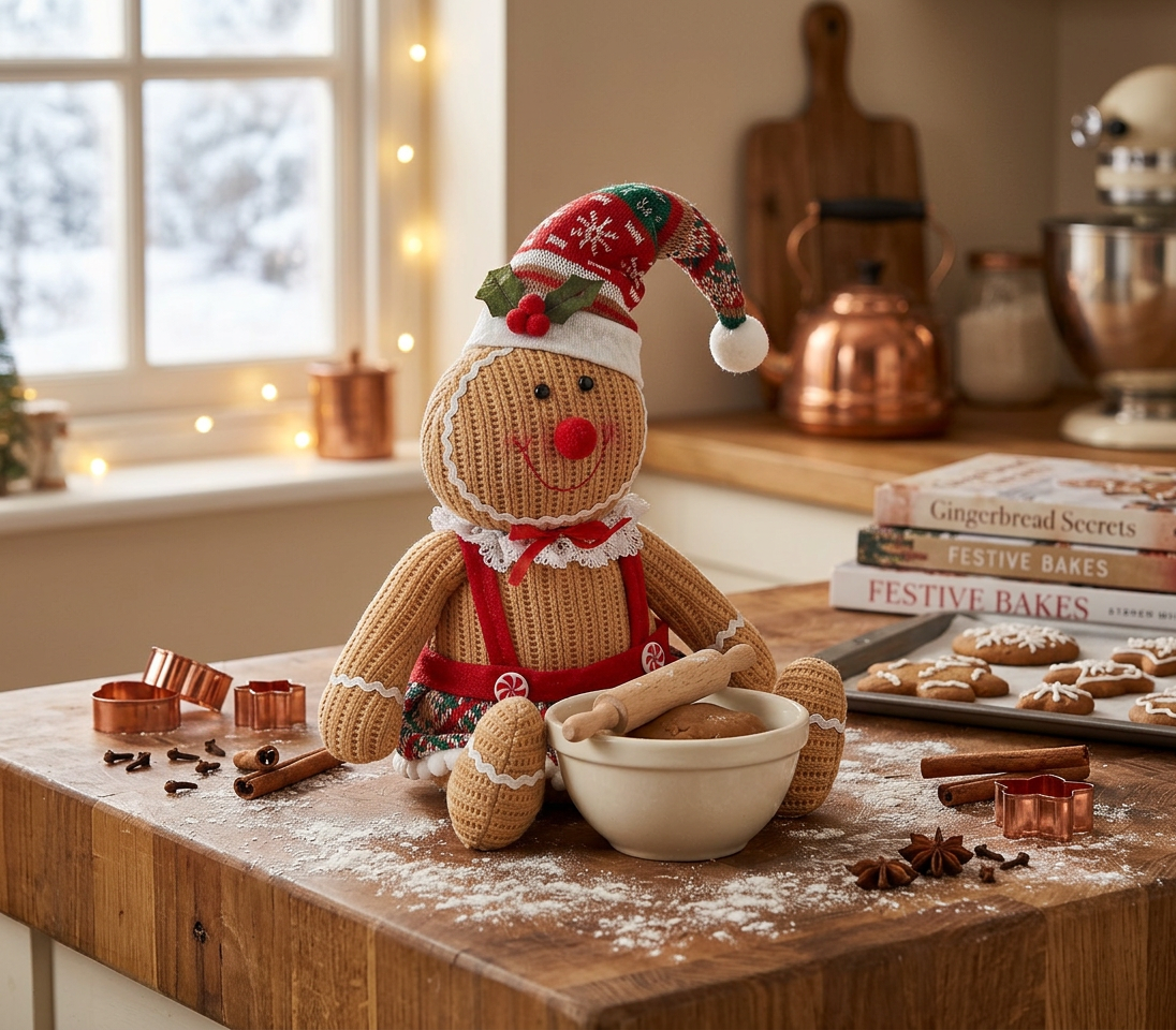 Gingerbread Baker Girl Plush Sitter – Holiday Plush Figure, Christmas Decoration
