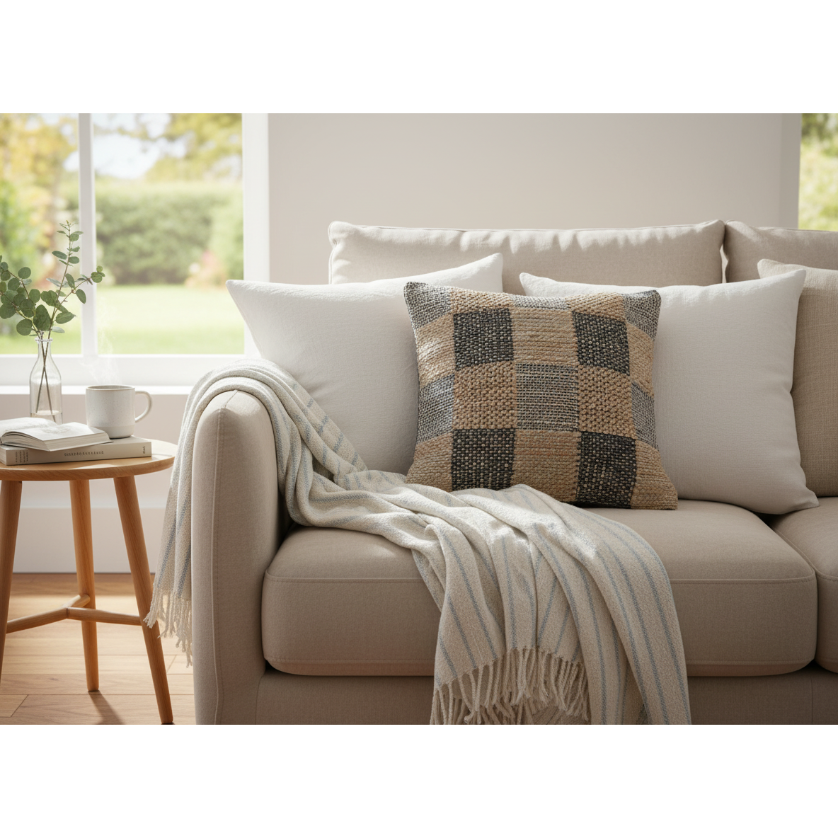 Handwoven Cotton Jute Cushion Check – Decorative Throw Pillow, Rustic Home Decor