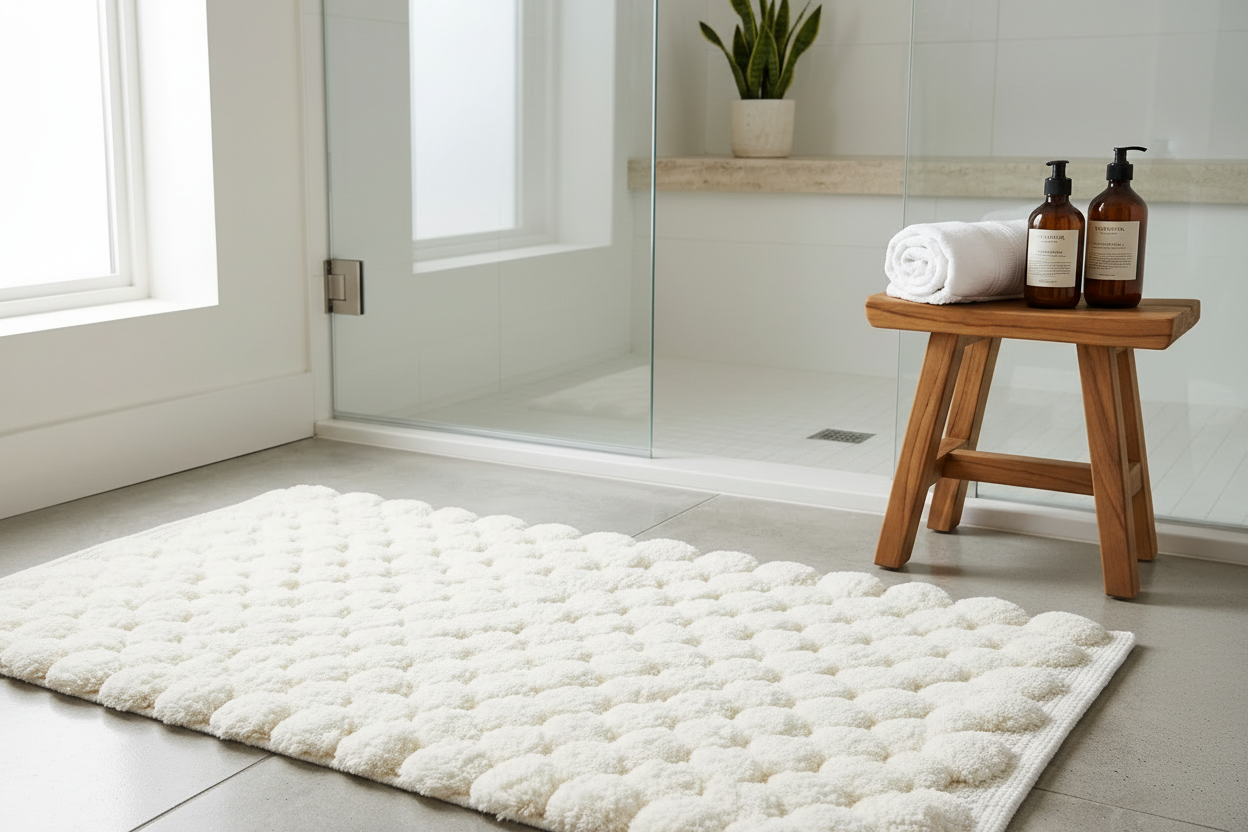 Handwoven Pompom Bath Mat – White, 20x32 Inch, Soft & Decorative