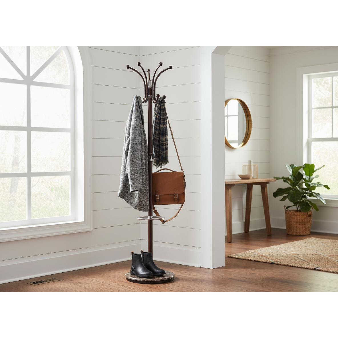 Head Brown Coat Rack with Marble Base, Free-Standing Hall Tree