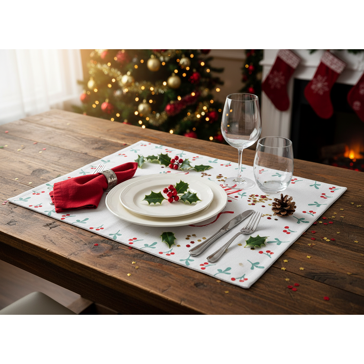 Holly Berries Border Placemat Merry Christmas Holiday Dining Table Mats - Set of 12