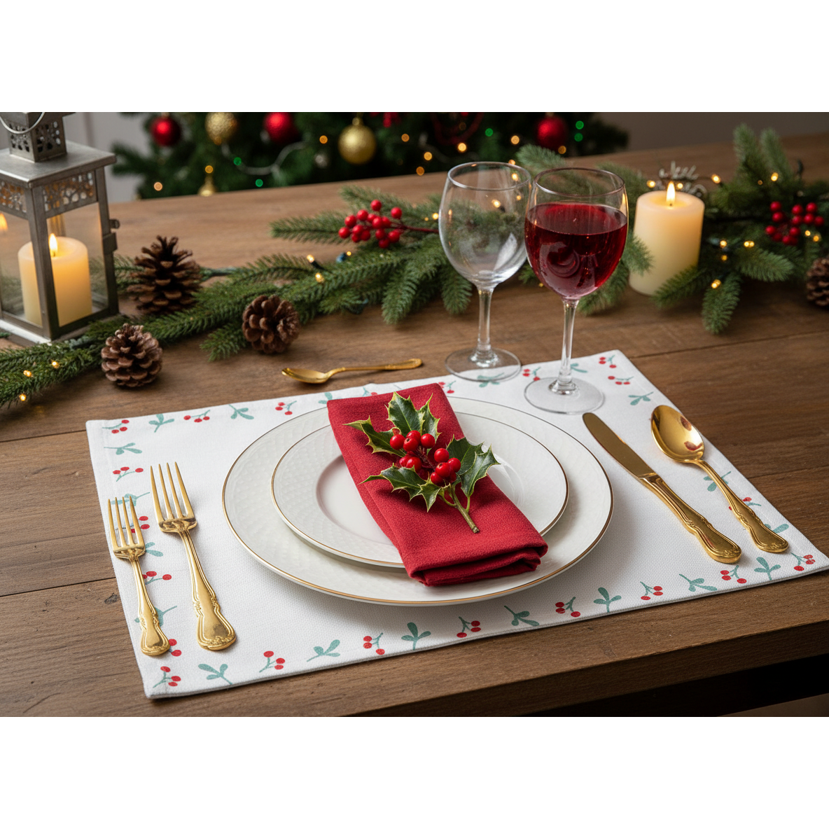 Holly Berries Border Placemat Merry Christmas Holiday Dining Table Mats - Set of 12